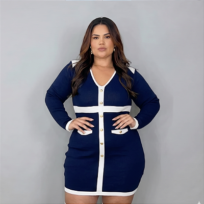 Vestido Modal Bia Botão Azul Marinho Plus Size