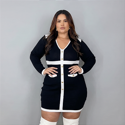 Vestido Modal Bia Botão Preto Plus Size