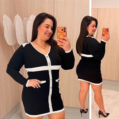 Vestido Modal Bia Botão Preto Plus Size