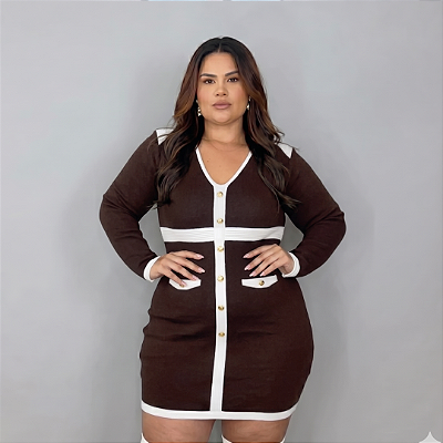 Vestido Modal Bia Botão Marrom Plus Size