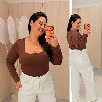 Body Manga Suplex Gisela Marrom Plus Size
