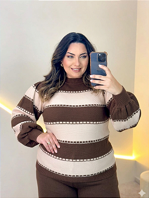 Blusa Manga Listra Modal Marrom Plus Size