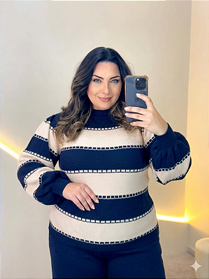 Blusa Manga Listra Modal Azul Marinho Plus Size