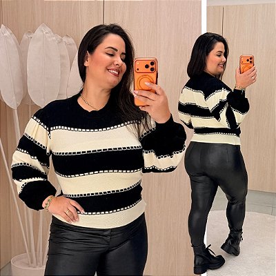 Blusa Manga Listra Modal Preto Plus Size