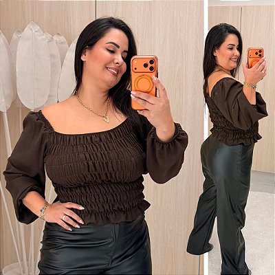 Cropped Elastex Manga Ive Marrom Plus Size