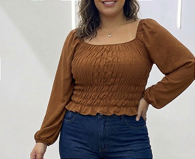 Cropped Elastex Manga Ive Marrom Plus Size