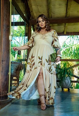 Vestido Zoe Flores Bege Plus Size