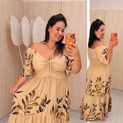 Vestido Zoe Flores Bege Plus Size