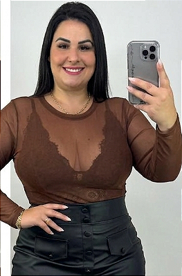 Body Tule Manga Marrom Plus Size