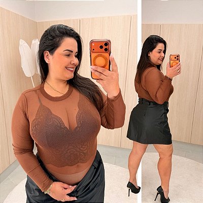 Body Tule Manga Marrom Plus Size