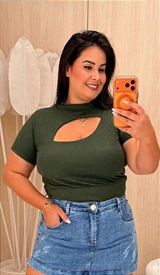 Cropped Canelado Lina Verde Militar Plus SIze