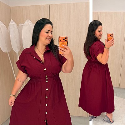 Vestido Rebeca Botão Vinho Plus Size