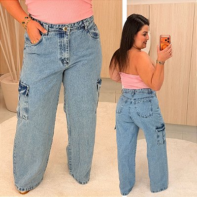 Calça Jeans FF Wide Leg Cargo Clara Plus Size