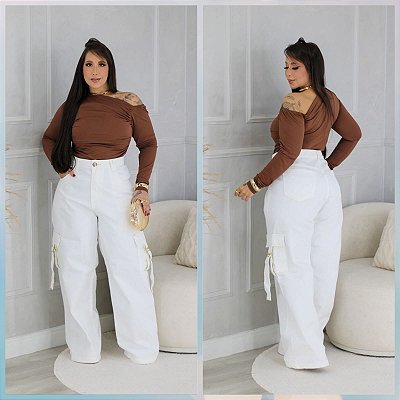 Calça Jeans FF Wide Leg Cargo Angélica Off Plus Size