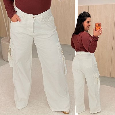 Calça Jeans FF Wide Leg Cargo Angélica Off Plus Size