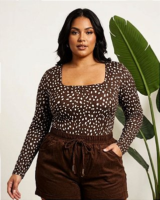 Body Manga Suplex Marrom Estampado Plus Size