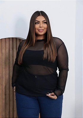 Blusa Tule Manga Longa Preta Plus Size