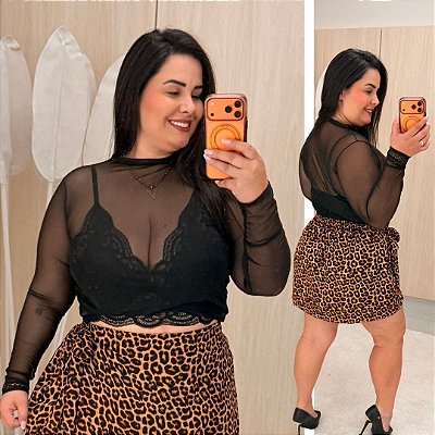 Blusa Tule Manga Longa Preta Plus Size