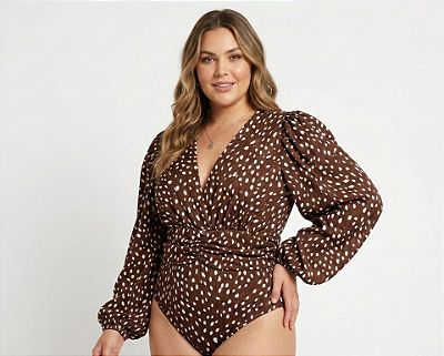 Body Manga Suplex Marrom Estampado Plus Size