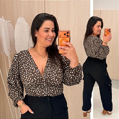 Body Manga Suplex Marrom Estampado Plus Size