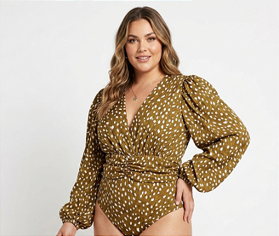 Body Manga Suplex Verde Estampado Plus Size