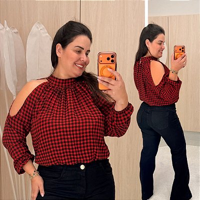 Blusa Manga Reina Vermelha Xadrez Plus Size