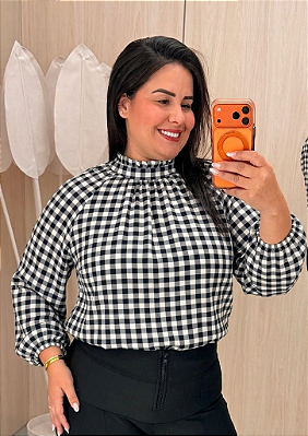 Blusa Manga Reina Branca Xadrez Plus Size