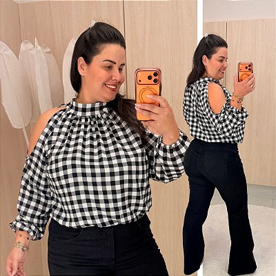 Blusa Manga Reina Branca Xadrez Plus Size