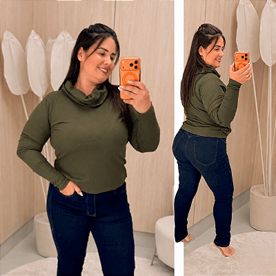 Blusa Manga Lorrana Gola Boba Verde Militar Plus Size