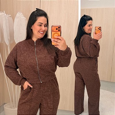 Conjunto Vip Manga Longa Natali Marrom Escuro Plus Size