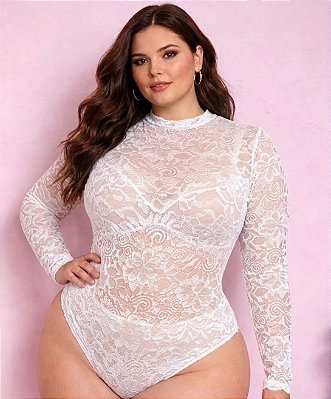 Body Manga Renda Manu Branco Plus Size