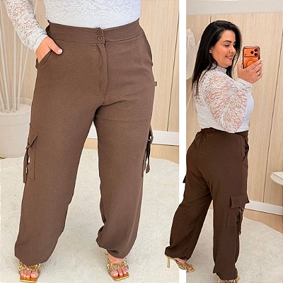 Calça Pantalona Fivela MG Marrom Plus Size