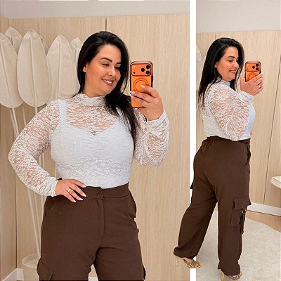 Blusa Renda Manga Longa Branca Plus Size