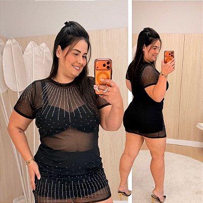 Trijunto Strass Tule Preto Plus Size