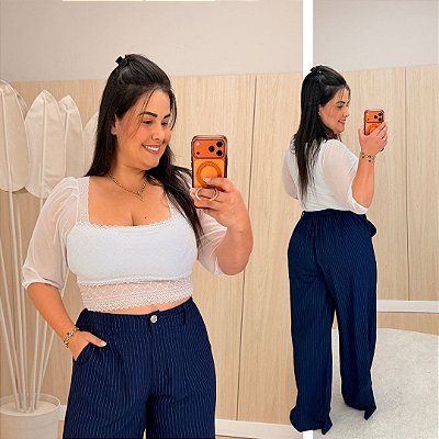 Cropped Manga 3/4 Luna Branco Plus Size