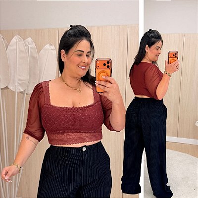 Cropped Manga 3/4 Luna Vinho Plus Size
