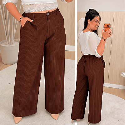Calça Pantalona Risca De Giz Marrom Plus Size