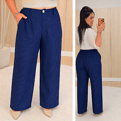 Calça Pantalona Risca De Giz Azul Marinho Plus Size