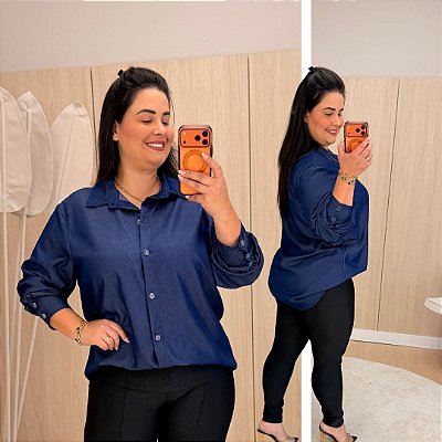 Camisa Manga Longa Azul Jeans Plus Size