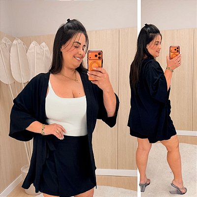 Conjunto Kimono Short Saia Preto Plus Size