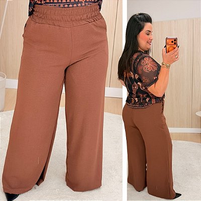 Calça Pantalona Mg Marrom Plus Size