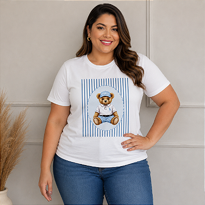 T shirt Polo Urso Listra Azul Plus Size