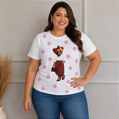 T  shirt Urso Laço Poá Rosa Plus Size
