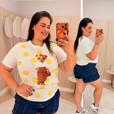T shirt Urso Laço Poá Amarelo Plus Size