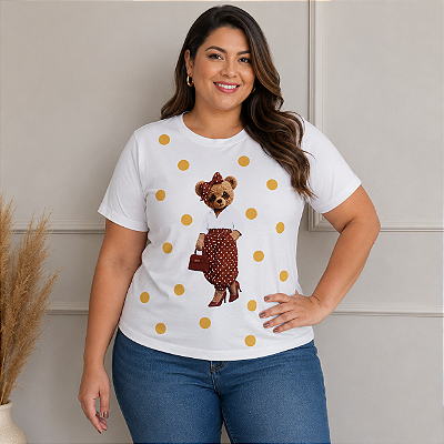 T  shirt Urso Laço Poá Amarelo Plus Size