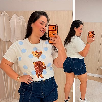 T shirt Urso Laço Poá Azul Plus Size