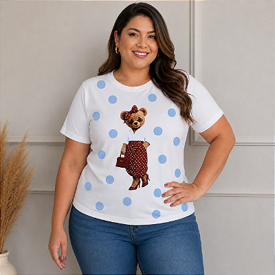 T  shirt Urso Laço Poá Azul Plus Size