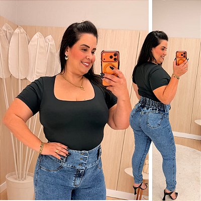 Blusa Gola Quadrada Suplex Preta Plus Size