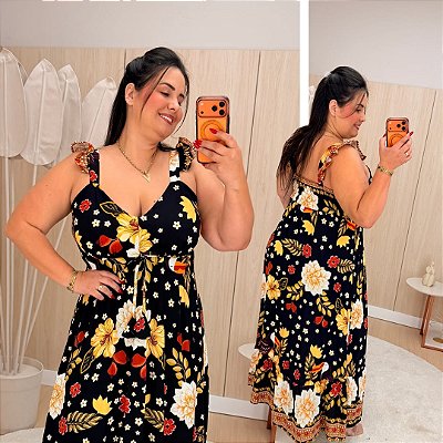 Vestido Alça Babado Martina Preto Floral Plus Size