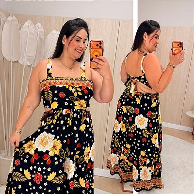 Vestido Búzio Preto Floral Plus Size